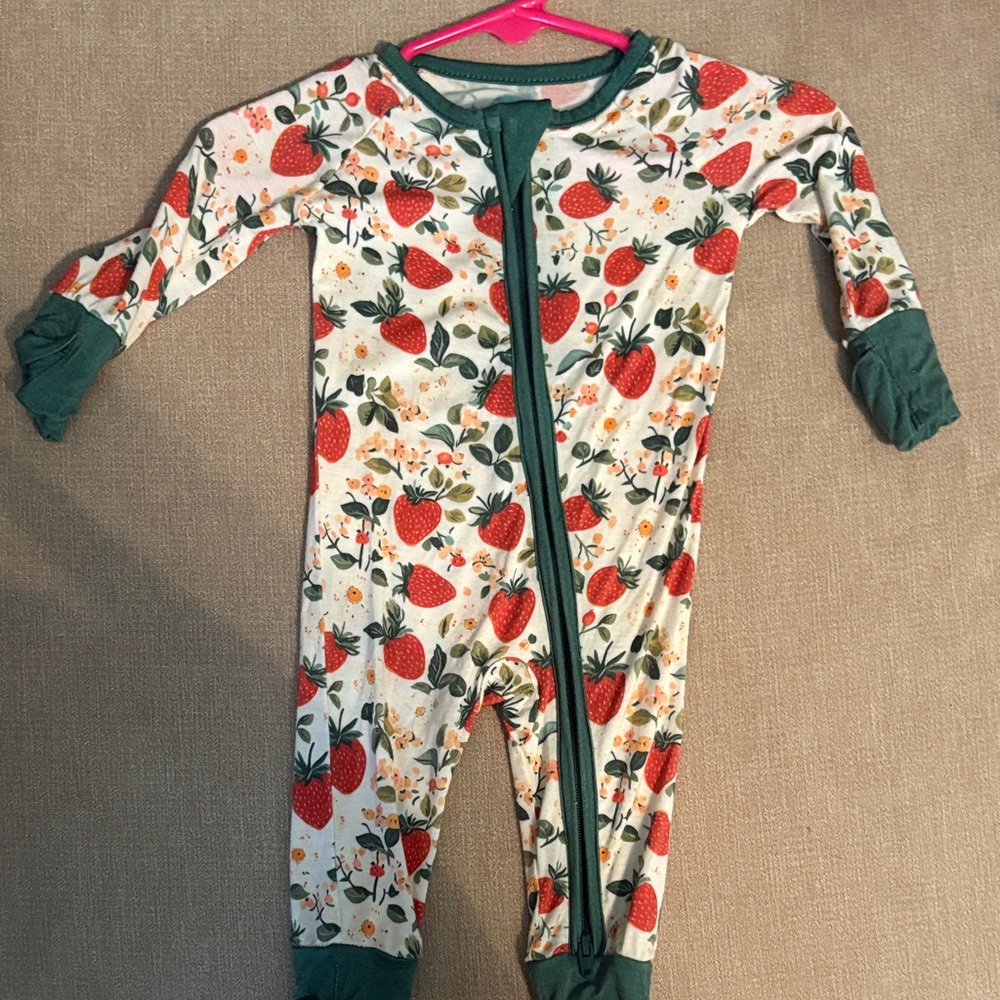 Kids Strawberry-Print Footie Pajamas with Green Trim